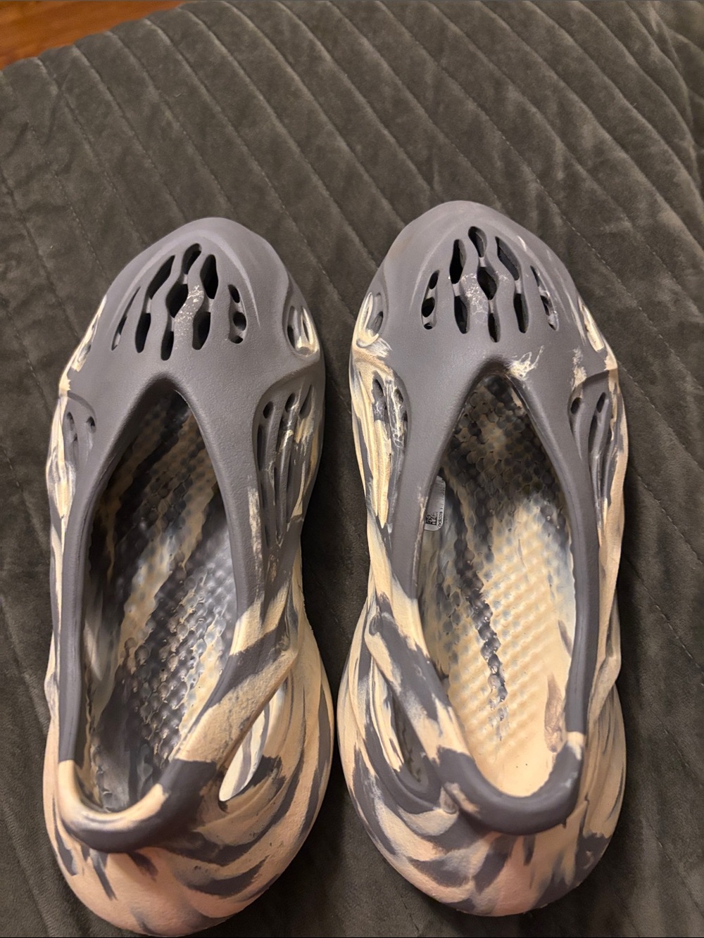 adidas Marbled Slip-On Foam Clogs in Gray and Cream